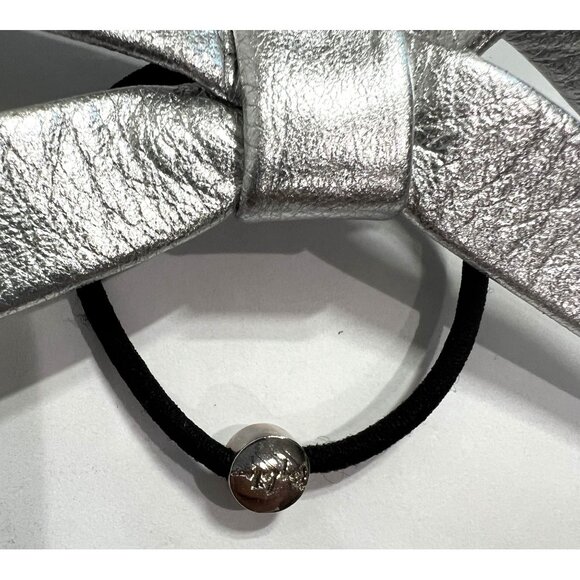 By Lilla Leather Bow Hair Tie in Metallic Silver - Picture 2 of 4